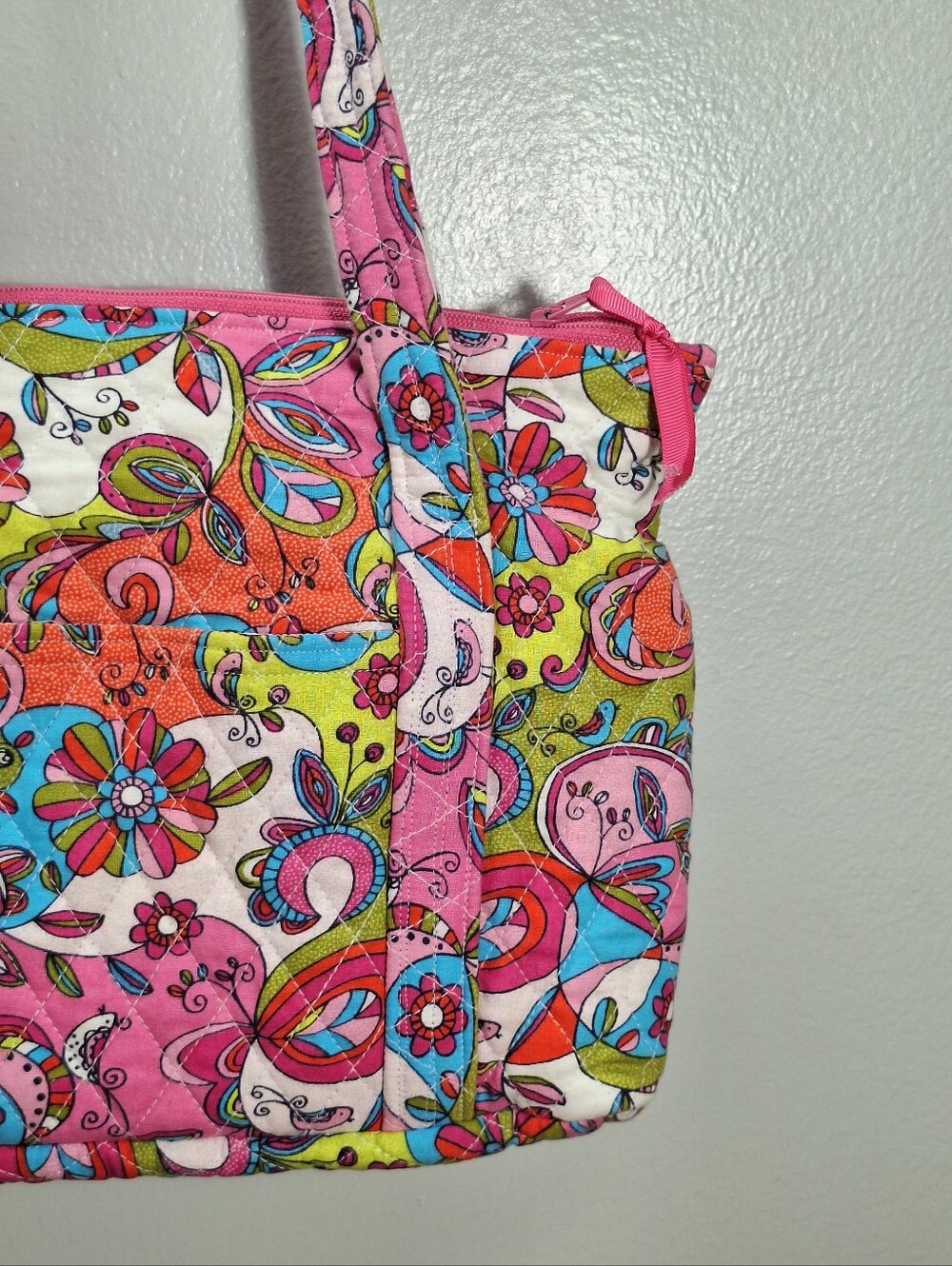 Handmade Quilted Cotton Tote Bag Purse 12X9 In Paisley Floral Pink Blue Pockets - Picture 4 of 16